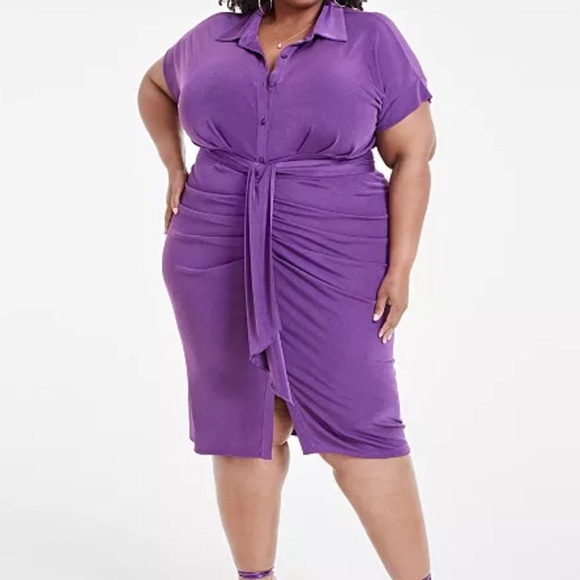 Nina Parker Purple Button Down Tie Waist Ruched Draped Shirt Dress Size 4X - Picture 1 of 12